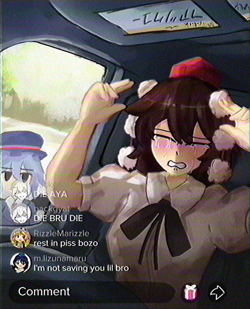 2girls arms_up black_ribbon blue_hair blue_hat brown_hair car_interior character_request clenched_teeth closed_eyes collared_shirt commentary crying donald_trump_please_save_us_(meme) english_commentary english_text hat highres iizunamaru_megumu kirisame_marisa lad_der livestream looking_at_another meme multiple_girls neck_ribbon pom_pom_(clothes) profile_picture puffy_short_sleeves puffy_sleeves red_hat remilia_scarlet ribbon shameimaru_aya shirt short_sleeves tears teeth tiktok tokin_hat touhou unamused upper_body user_interface white_shirt