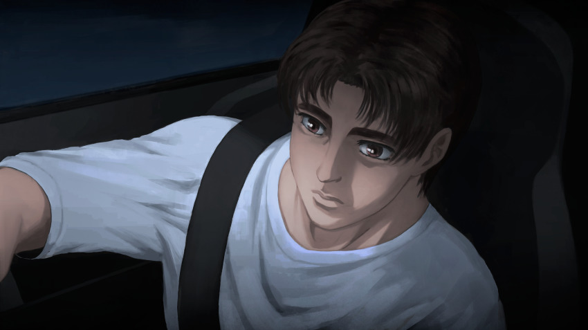 1boy absurdres brown_eyes brown_hair driving fujiwara_takumi hair_behind_ear highres initial_d laing looking_ahead male_focus seatbelt shirt sitting solo t-shirt vehicle_interior white_shirt