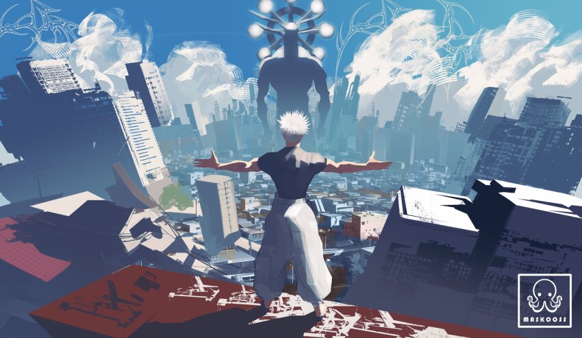 2boys arm_wrap arms_up artist_logo artist_name blue_sky building cityscape cloud cloudy_sky commentary english_commentary giant gojou_satoru head_tail highres jujutsu_kaisen logo mahoraga_(jujutsu_kaisen) maskoo185826 monster multiple_boys pants scenery shikigami short_hair sky skyscraper wheel wheel_of_dharma white_hair wing_eyes wings