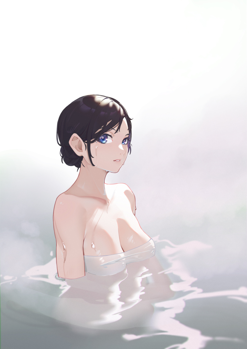 1girl absurdres black_hair blue_eyes breasts collarbone highres large_breasts linnnp naked_towel onsen original partially_submerged reflection short_hair simple_background solo towel water wet_towel white_background