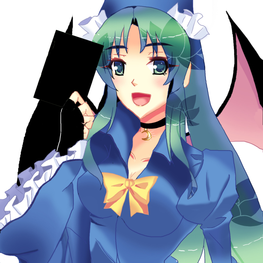 1girl bad_id bad_pixiv_id breasts card choker crescent demon_wings dress female_focus fingerless_gloves gloves green_eyes green_hair hat highres large_breasts long_hair matching_hair/eyes mima_(touhou) open_mouth ribbon smile solo syouzyomiku touhou touhou_(pc-98) wings wins wizard_hat