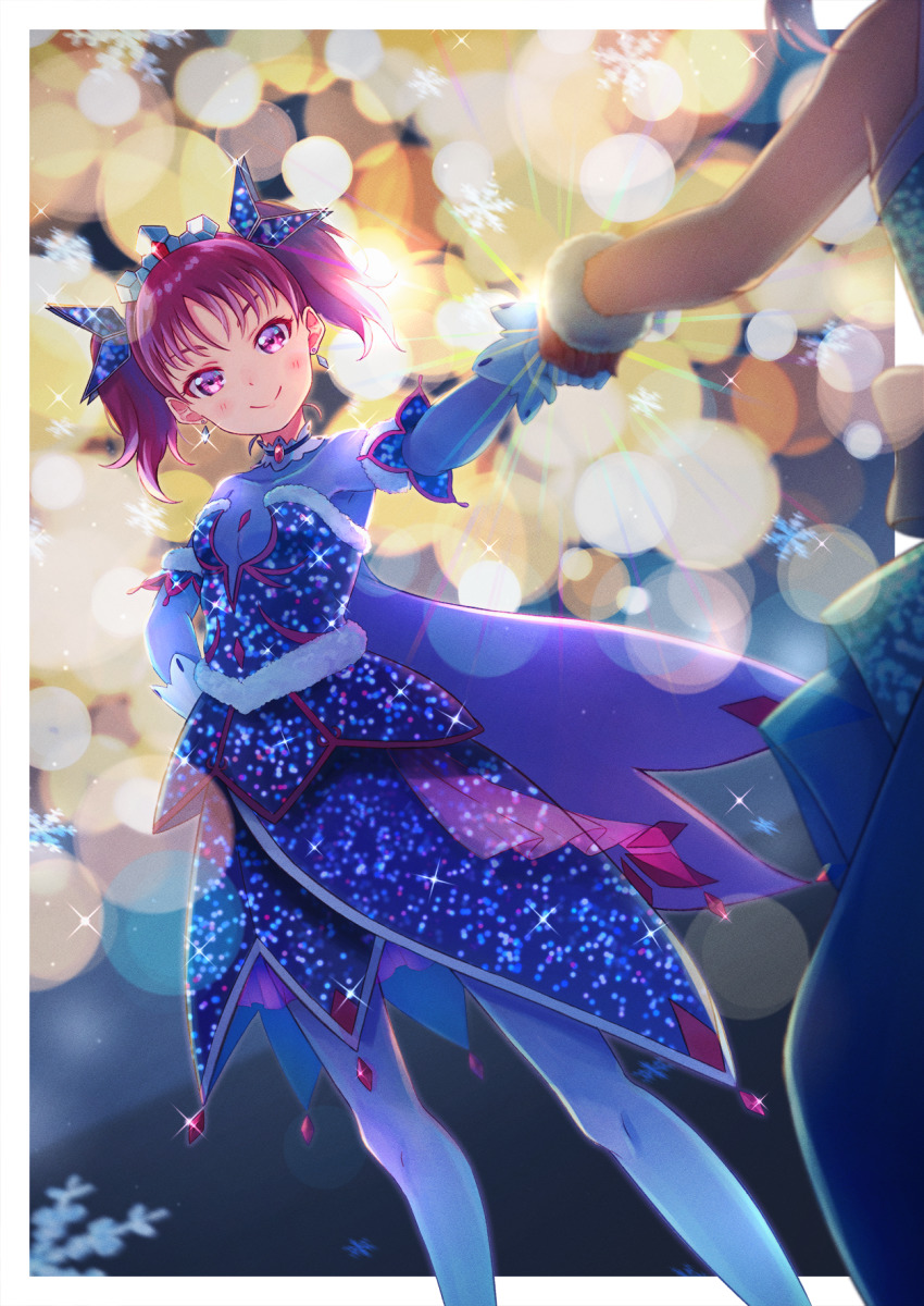 1girl awaken_the_power blush breasts cleavage closed_mouth commentary_request earrings hand_on_own_hip highres holding_hands jewelry kazuno_leah looking_at_viewer love_live! love_live!_sunshine!! macken666 purple_eyes purple_hair saint_snow see-through_clothes see-through_cleavage short_twintails small_breasts smile solo_focus sparkle_background tiara twintails