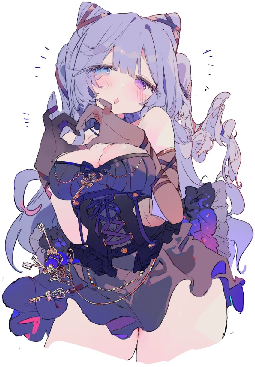 1girl :o bare_shoulders black_dress black_gloves blue_eyes blush bow breasts cleavage cone_hair_bun corset cropped_legs double_bun dress elbow_gloves frilled_dress frills gloves hair_bun head_tilt heart heart_hands heterochromia highres large_breasts long_hair looking_at_viewer medium_breasts open_mouth otintin otogi_nemu parted_lips purple_eyes purple_hair re:act ribbon simple_background solo strapless strapless_dress thighs virtual_youtuber white_background