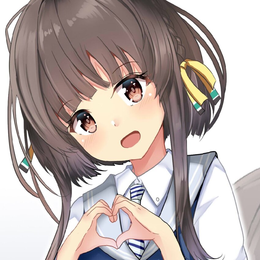 1girl blue_dress braid brown_eyes brown_hair diagonal-striped_clothes diagonal-striped_necktie dress grey_sailor_collar hair_ribbon heart heart_hands himura_moritaka kantai_collection looking_at_viewer necktie open_clothes ribbon sailor_collar short_hair short_hair_with_long_locks side_braids single_braid smile solo striped_clothes striped_necktie ukuru_(kancolle) upper_body white_background