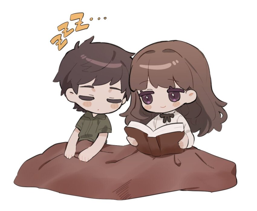 1boy 1girl 51x733n black_hair black_ribbon blanket blush_stickers book brown_hair chibi closed_mouth dot_mouth fear_&amp;_hunger_(series) fear_&amp;_hunger_2:_termina green_jumpsuit holding holding_book jumpsuit levi_(fear_&amp;_hunger) long_hair long_sleeves looking_at_another marina_(fear_&amp;_hunger) neck_ribbon open_book purple_eyes ribbon shirt short_hair short_sleeves simple_background sleeping smile white_background white_shirt zzz