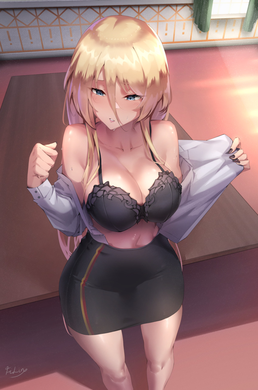 1girl absurdres azur_lane bismarck_(azur_lane) black_bra black_nails black_skirt blonde_hair bra breasts cleavage filin from_above hair_between_eyes highres indoors large_breasts long_hair miniskirt nail_polish open_clothes open_shirt shirt signature skirt solo standing underwear white_shirt window