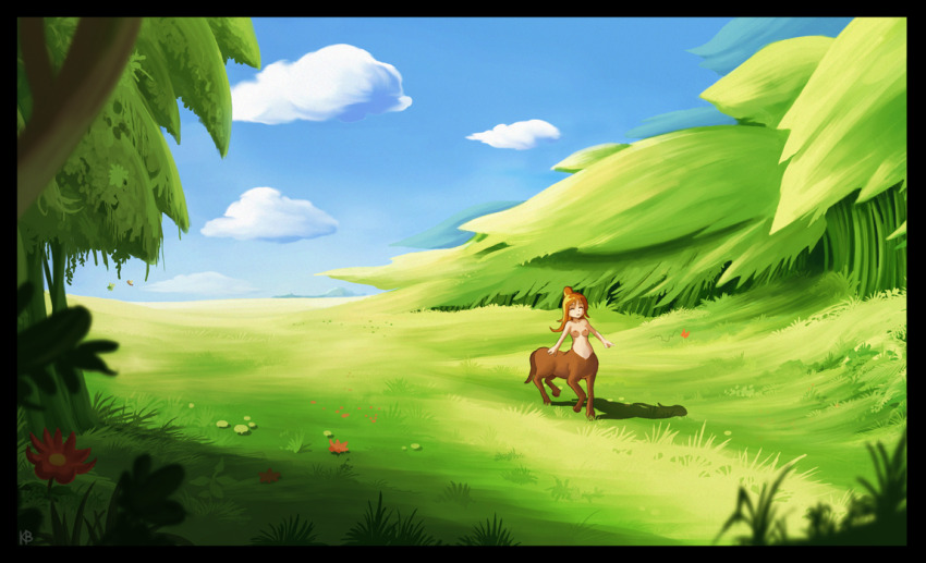 1girl brown_hair centaur chibi closed_eyes grass karbo nipples nude ponytail smile solo taur topless tree