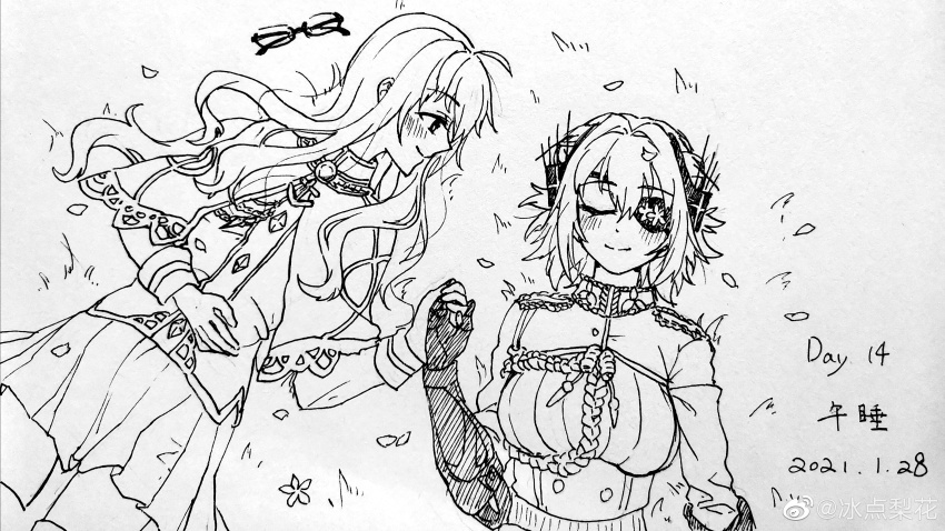 2girls absurdres ahoge artist_name bingdian_lihua breasts closed_eyes couch epaulettes eyepatch flower gloves greyscale hair_flower hair_ornament halo highres holding_hands hood_(warship_girls_r) lamp lineart long_hair looking_at_another monochrome multiple_girls pleated_skirt prince_of_wales_(warship_girls_r) short_hair skirt smile thighhighs twitter_username warship_girls_r weibo_logo weibo_watermark