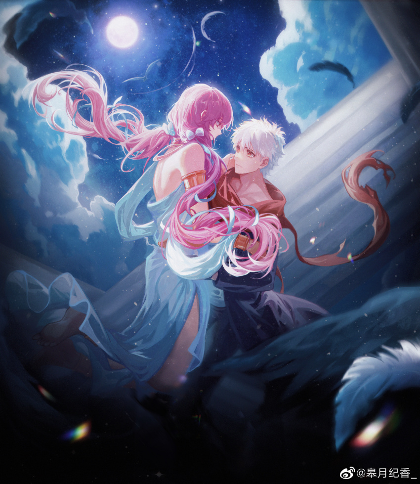 1boy 1girl absurdities absurdres alternate_universe bad_end bare_shoulders black_feathers blush bow breasts couple crescent_moon dress emiya_shirou falling_feathers fate/stay_night fate_(series) feathers fireworks flower full_moon hair_bow hair_ornament halo hetero highres igote long_hair long_sleeves moon moonlight night night_sky non-web_source original outdoors pink_eyes pink_hair pink_halo red_scarf scarf skirt sky sleeveless sleeveless_dress smile star_(sky) starry_sky strap white_bow white_dress white_hair