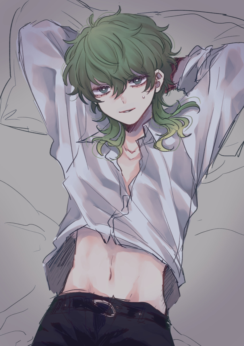 1boy arms_behind_head bed_sheet belt black_belt black_pants clothes_lift green_eyes green_hair grin groin hair_between_eyes highres kimi_ga_shine long_sleeves looking_at_viewer male_focus midori_(kimi_ga_shine) midriff navel pants partially_unbuttoned shirt shirt_lift smile solo sweat uououoon white_shirt