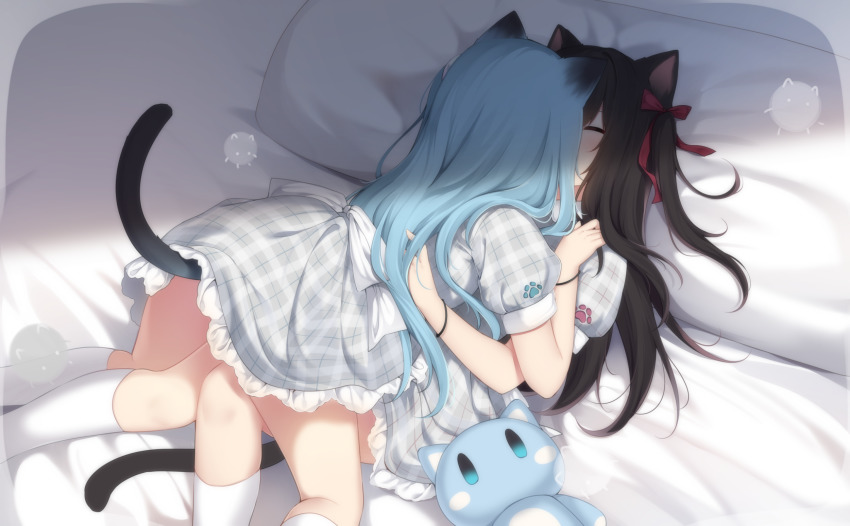 2girls amashiro_natsuki animal_ears black_hair blue_hair bow cat_ears cat_girl cat_tail dress highres holding kiss long_hair multiple_girls nekoha_shizuku original pillow tail yuri