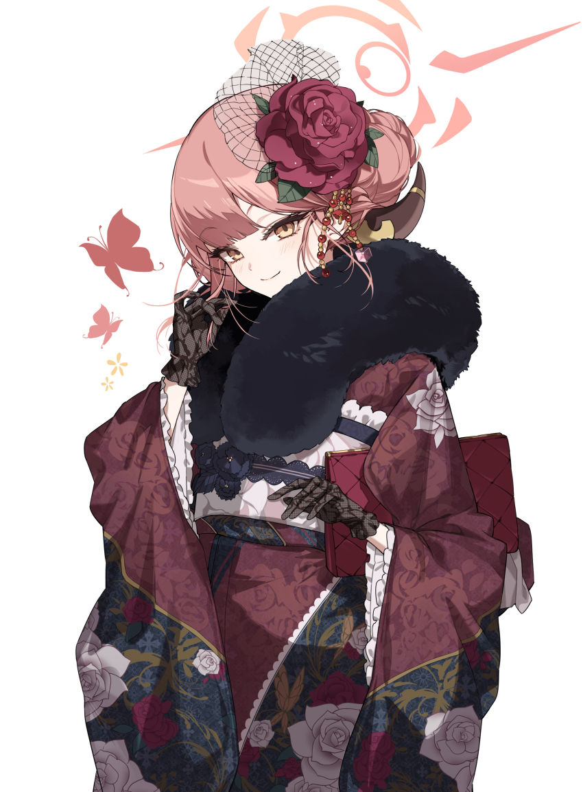 1girl absurdres aru_(blue_archive) aru_(new_year)_(blue_archive) bag black_gloves blue_archive demon_girl demon_horns floral_print flower fur_trim gloves hair_between_eyes hair_bun hair_flower hair_ornament handbag highres holding holding_bag horns japanese_clothes jiaenn kimono looking_at_viewer obi official_alternate_costume red_bag red_flower red_kimono sash see-through_clothes see-through_gloves sidelocks smile white_sash yellow_eyes