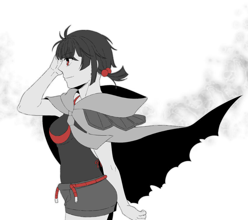 1girl cape creatures_(company) from_side game_freak greyscale highres monochrome nintendo pokemon pokemon_oras ponytail red_eyes rope_belt short_hair short_ponytail shorts spot_color torn_cape torn_clothes unknown-amelia zinnia_(pokemon)