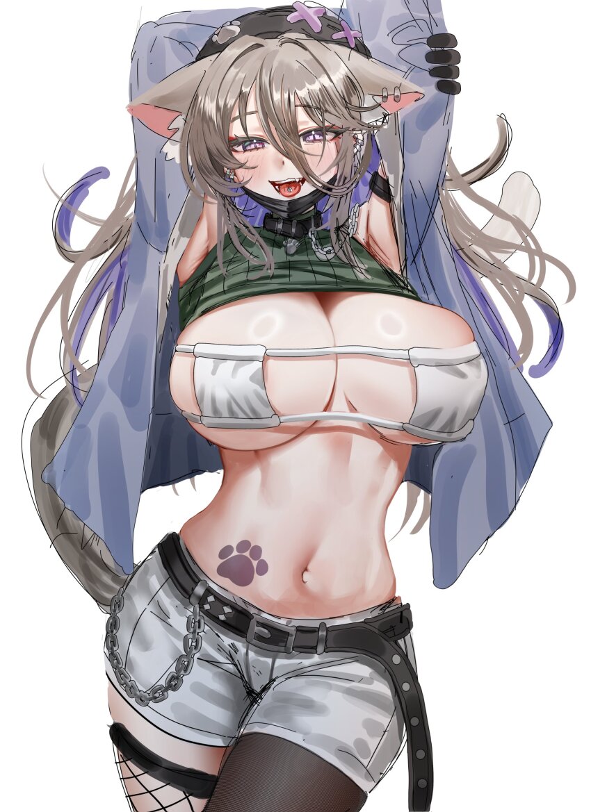 1girl absurdres animal_ear_fluff animal_ears arms_up asymmetrical_legwear bikini black_collar black_gloves black_headwear black_pantyhose black_thighhighs blush breasts brown_hair cat_ears cat_girl cat_tail cleavage collar crop_top ear_piercing extra_ears eyelashes eyepatch_bikini fang fishnet_thighhighs fishnets gloves green_shirt hair_between_eyes highres jacket large_breasts long_hair looking_at_viewer midriff mismatched_legwear nompang open_clothes open_jacket open_mouth original pantyhose paw_print paw_print_tattoo piercing purple_hair ribbed_shirt shirt short_shorts shorts simple_background single_leg_pantyhose single_thighhigh solo stomach swimsuit tail thighhighs tongue_piercing white_background white_bikini