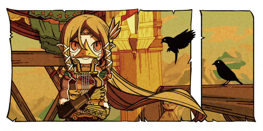 1girl alternate_costume beak bird bird_girl black_bird brown_hair feather_hair_ornament feathers hair_ornament highres holding holding_instrument instrument long_hair looking_at_viewer lyre medli mountainous_horizon nintendo pearjarrr red_eyes rito sepia smile solo the_legend_of_zelda the_legend_of_zelda:_the_wind_waker very_long_hair