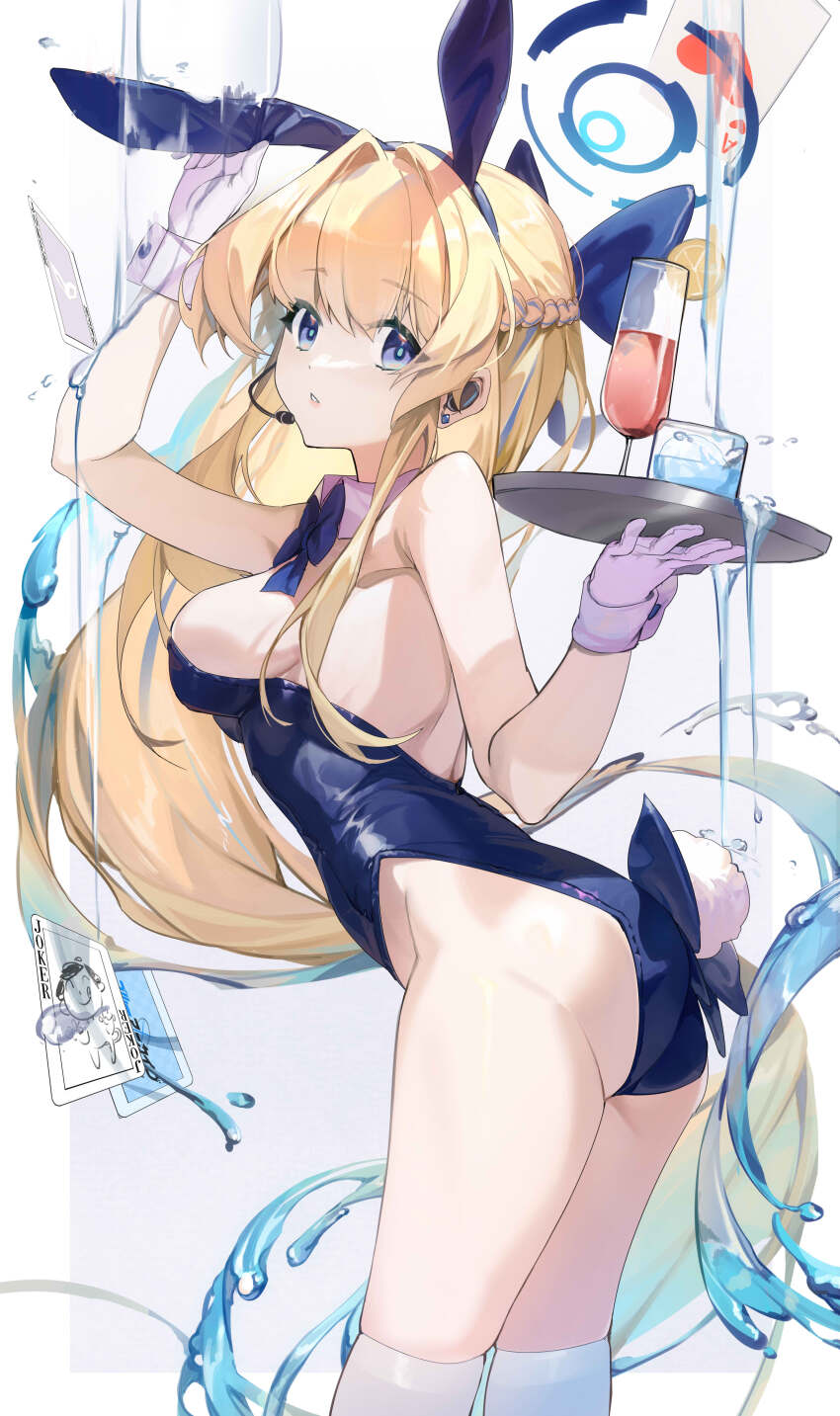 1girl absurdres ace_(playing_card) animal_ears arm_up ass blonde_hair blue_archive blue_eyes blue_hair blue_halo blue_leotard breasts card commentary_request cup detached_collar doodle_sensei_(blue_archive) drinking_glass earpiece fake_animal_ears fake_tail from_behind gloves half_up_braid halo highleg highleg_leotard highres hokushuu holding holding_tray leotard long_hair looking_at_viewer looking_back medium_breasts multicolored_hair official_alternate_costume playboy_bunny playing_card rabbit_ears rabbit_tail sensei_(blue_archive) sideboob solo standing strapless strapless_leotard streaked_hair tail thighhighs thighs toki_(blue_archive) toki_(bunny)_(blue_archive) tray very_long_hair water white_gloves white_thighhighs wine_glass wrist_cuffs