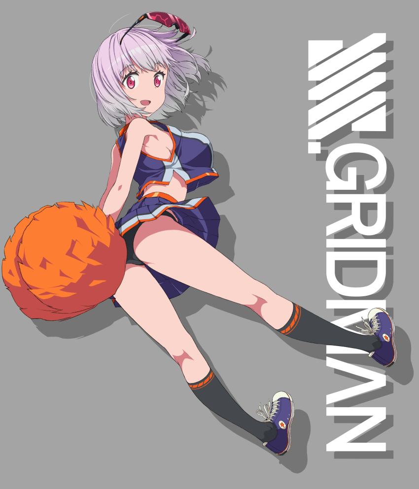 1girl absurdres arms_behind_back asanaya bare_shoulders black_socks breasts cheerleader unworn_eyewear from_behind gridman_universe highres kneehighs large_breasts looking_at_viewer looking_back open_mouth pink_eyes pom_pom_(cheerleading) purple_hair shinjou_akane shoes short_hair simple_background socks solo ssss.gridman sunglasses sunglasses_on_head sunglasses_removed