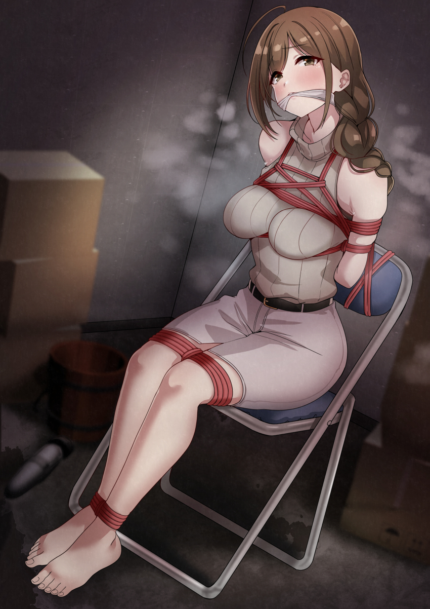 1girl absurdres ahoge arms_behind_back bdsm blush bondage bound bound_legs bound_torso braid breasts brown_hair cloth_gag gag garter_belt grey_skirt grey_sweater highres hitachi_magic_wand idolmaster idolmaster_shiny_colors improvised_gag indoors kuwayama_chiyuki large_breasts looking_ahead murabito_c restrained ribbed_sweater rope sex_toy shibari shibari_over_clothes sitting skirt sleeveless sleeveless_sweater solo steam sweater vibrator