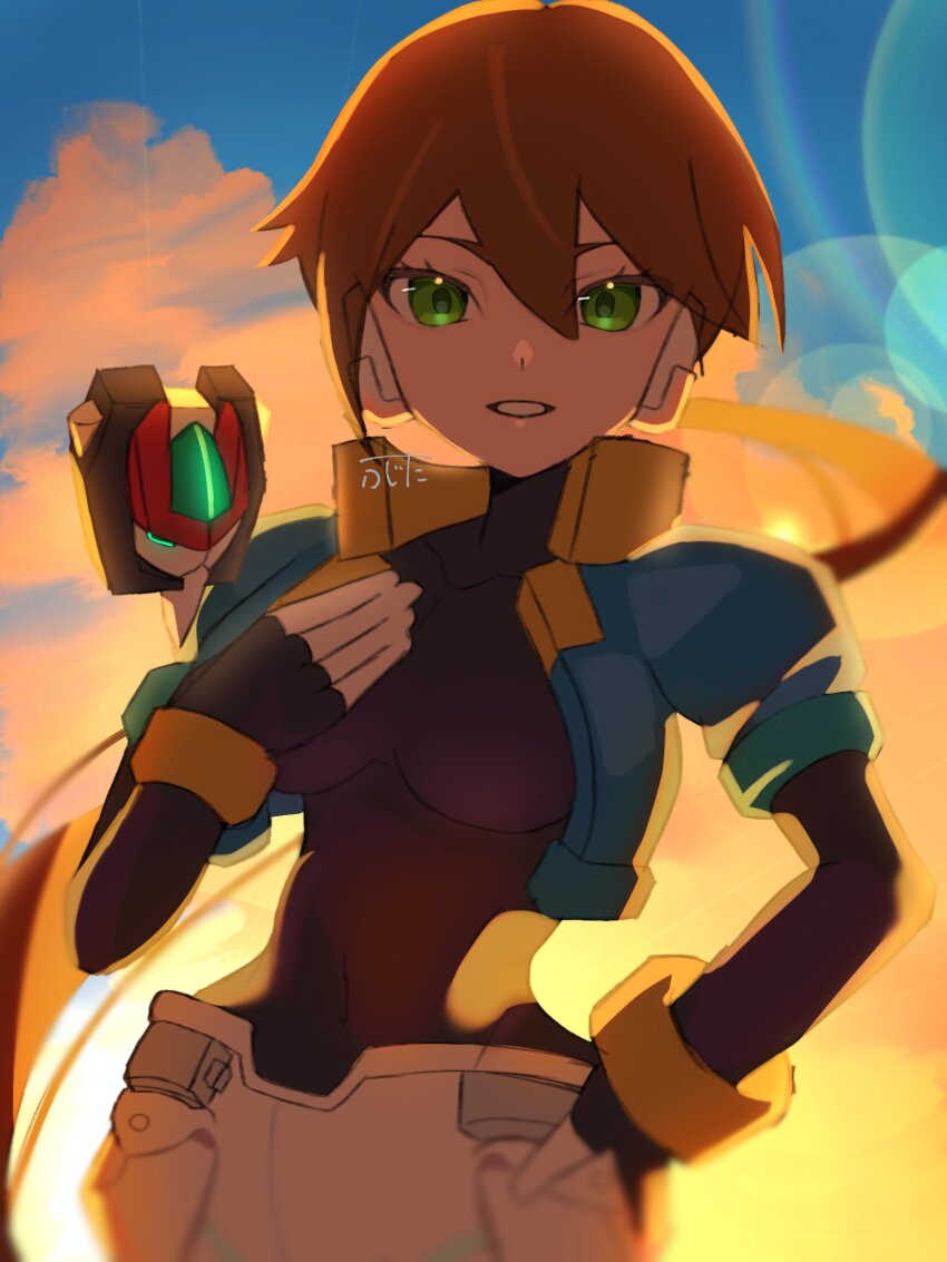 absurdres aile_(mega_man_zx) biometal black_bodysuit black_shorts blue_jacket bodysuit bodysuit_under_clothes breasts brown_hair covered_navel cowboy_shot cropped_jacket floating floating_object green_eyes highres jacket large_breasts long_hair looking_at_viewer mega_man_(series) mega_man_zx mega_man_zx_advent model_z_(mega_man) open_clothes open_jacket ponytail robot_ears sasaki_(ssk8083) shorts sunset