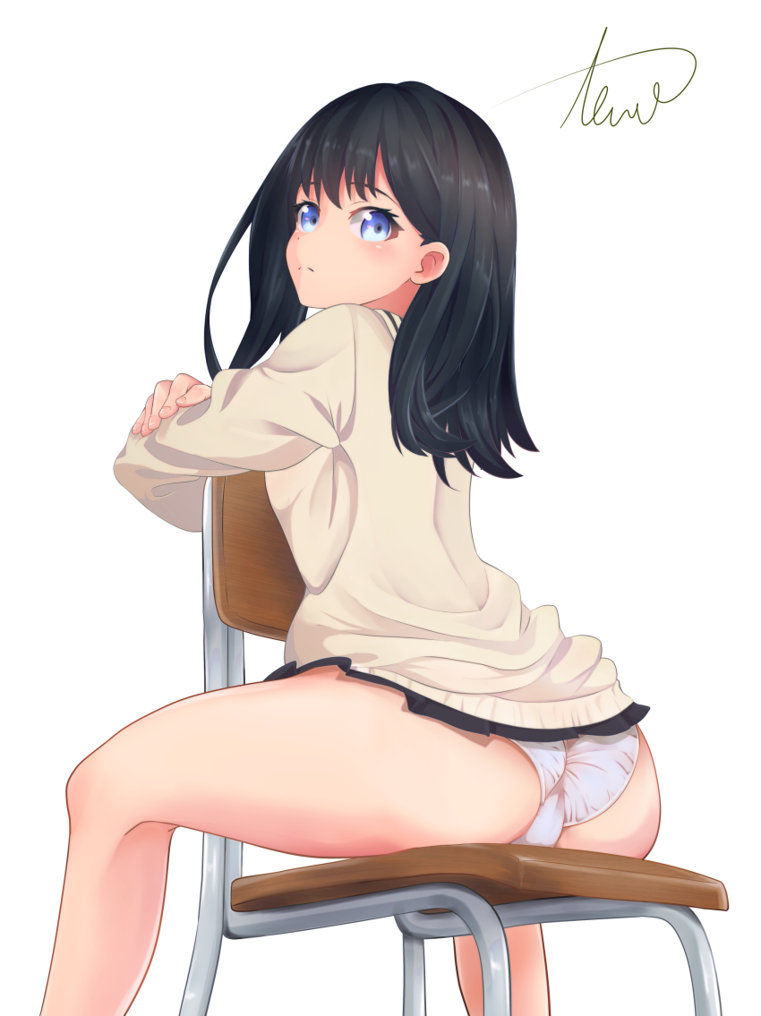 10s 1girl absurdres ass bare_legs black_hair black_skirt blue_eyes cardigan chair closed_mouth female_focus gridman_universe highres long_hair long_sleeves panties signature simple_background sitting skirt solo ssss.gridman takarada_rikka tewo underwear white_background