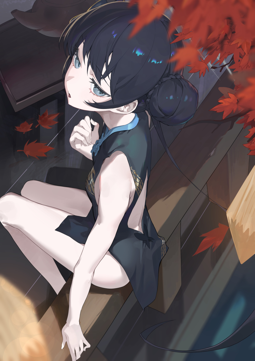 1girl absurdres autumn_leaves black_dress black_hair blue_archive breasts china_dress chinese_clothes double_bun dragon_print dress grey_eyes hair_bun hair_ornament halo highres kisaki_(blue_archive) leaf long_hair looking_at_viewer sb_lama sitting sleeveless sleeveless_dress small_breasts twintails