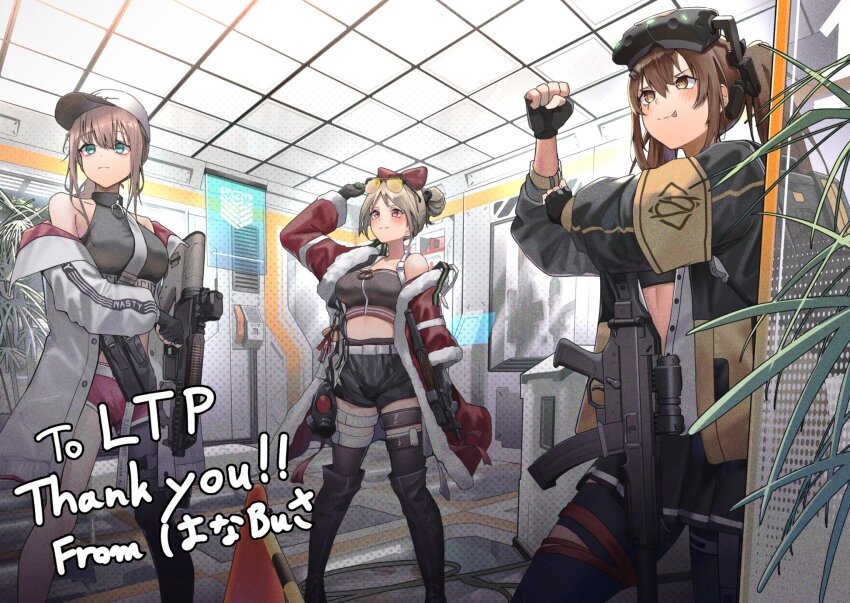 3girls ar-57 ar-57_(girls&#039;_frontline) armband artist_name asymmetrical_legwear bare_shoulders baseball_cap belt black_gloves blue_eyes breasts bullpup coat double_bun eyewear_on_head feet_out_of_frame fur-trimmed_coat fur_trim gas_mask girls&#039;_frontline gloves gun h&amp;k_ump hair_between_eyes hair_bun hanabusaraleigh hat highres jacket light_brown_hair long_hair long_sleeves mask multiple_girls official_alternate_costume open_clothes open_coat p90 p90_(girls&#039;_frontline) p90_(scarlet_turbo)_(girls&#039;_frontline) red_coat red_eyes rifle scar scar_across_eye short_hair smile standing submachine_gun sunglasses thighhighs tinted_eyewear ump9_(girls&#039;_frontline) ump9_(mod3)_(girls&#039;_frontline) weapon white_coat yellow-tinted_eyewear yellow_armband