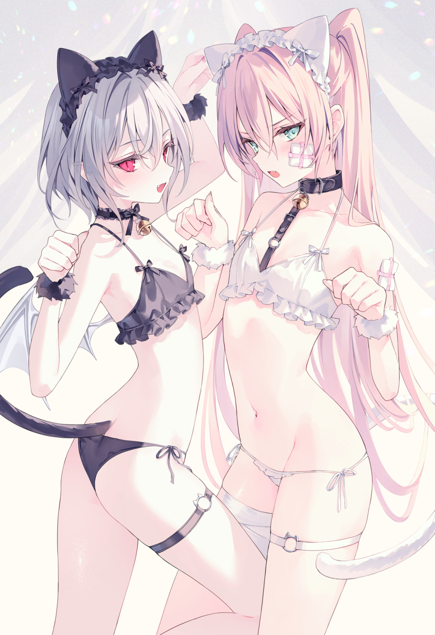 2girls aqua_eyes butt_crack cat_girl cat_tail collar flat_chest harness highres long_hair multiple_girls navel original red_eyes rurudo tail thigh_strap underwear underwear_only very_long_hair wings