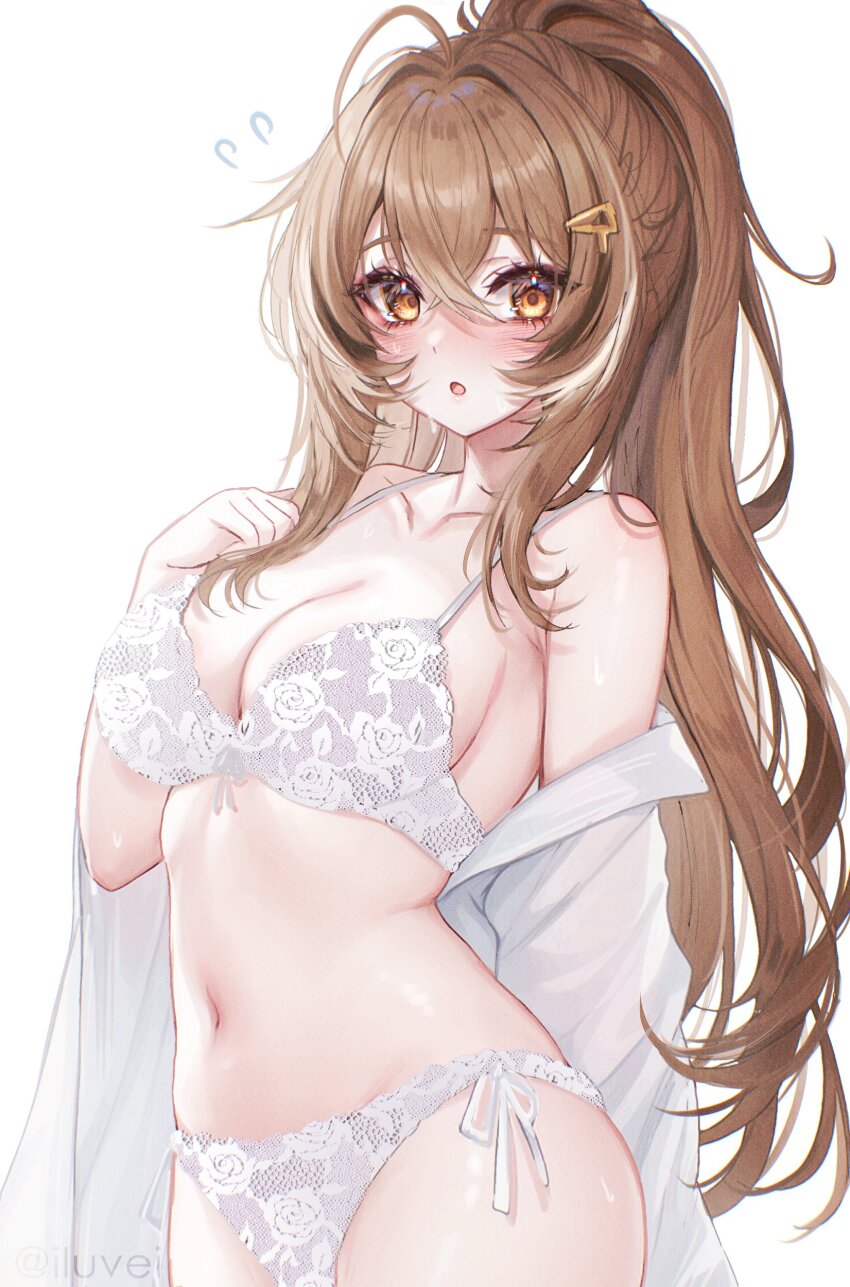 1girl :o absurdres ahoge black_hair blush bra breasts brown_eyes brown_hair cleavage collarbone commentary crossed_bangs english_commentary flying_sweatdrops hair_between_eyes hair_ornament high_ponytail highres hololive hololive_english lace lace_panties large_breasts long_hair looking_at_viewer multicolored_hair nanashi_mumei navel off_shoulder open_clothes open_shirt panties parted_lips ribbon_as_bra shirt shirt_partially_removed side-tie_panties simple_background solo stomach streaked_hair sweat tifa_(iluvei) twitter_username underwear undressing very_long_hair virtual_youtuber white_background white_bra white_hair white_panties white_shirt