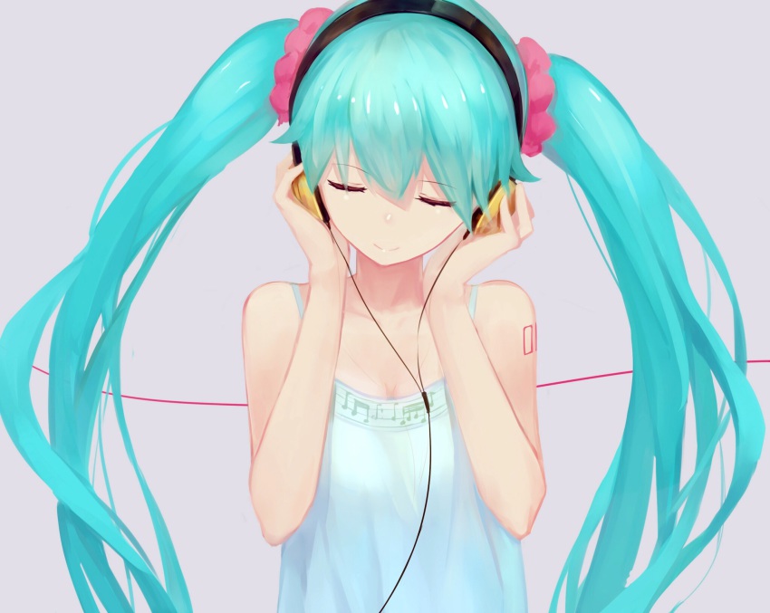 1girl aqua_hair camisole closed_eyes female_focus hands_on_headphones hatsune_miku headphones highres kisei2 long_hair musical_note simple_background smile solo tattoo twintails very_long_hair vocaloid