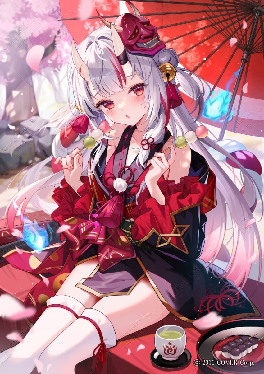 1girl bell cherry_blossoms cup dango detached_sleeves falling_petals food grey_hair hair_bell hair_ornament highres holding holding_food hololive horns japanese_clothes long_hair long_sleeves looking_at_viewer mask mask_on_head multicolored_hair nakiri_ayame official_art oni_mask outdoors parted_lips petals red_eyes red_hair satoupote sitting streaked_hair teacup thighhighs umbrella virtual_youtuber wagashi white_thighhighs wide_sleeves