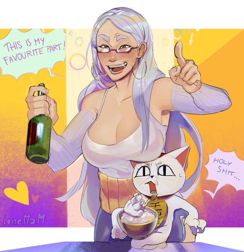 1girl ayase_seiko beer_bottle breast_rest breasts breasts_on_head dandadan earrings grey_arm_warmers grey_hair hair_down haramaki highres hoop_earrings ionettam jewelry large_breasts long_hair maneki-neko mature_female open_mouth semi-rimless_eyewear simple_background standing surprised turbo_granny very_long_hair