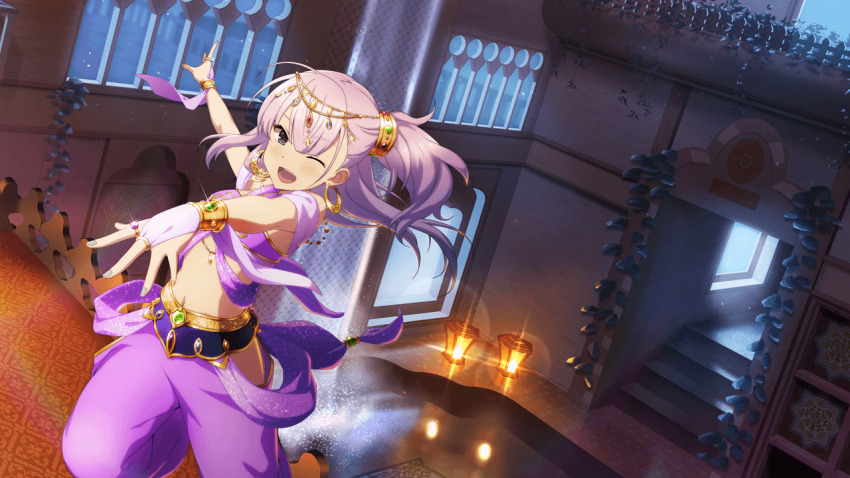 1girl :d arabian_clothes blue_eyes bracelet earrings game_cg hair_ornament hoop_earrings indoors jewelry lantern long_hair looking_at_viewer midriff nail_polish navel non-web_source official_art one_eye_closed open_mouth pants pink_hair pink_pants smile solo stomach toji_no_miko toji_no_miko:_kizamishi_issen_no_tomoshibi tsubakuro_yume