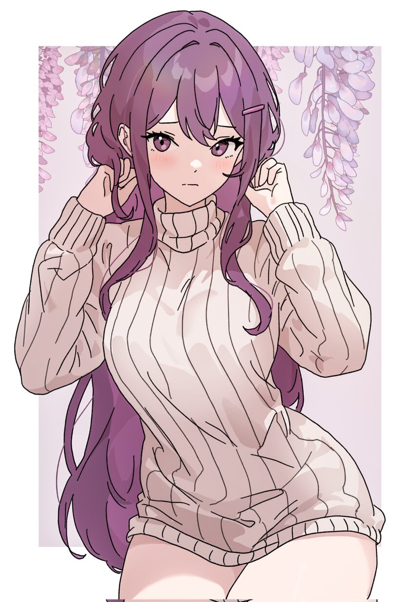 1girl border breasts brown_sweater closed_mouth commentary_request cowboy_shot doki_doki_literature_club floral_background flower hair_between_eyes hair_ornament hairclip hands_up highres korean_commentary light_blush long_hair looking_at_viewer medium_breasts naked_sweater outside_border pink_background purple_eyes purple_hair ribbed_sweater solo sweater turtleneck turtleneck_sweater white_border wisteria yuna_4568 yuri_(doki_doki_literature_club)