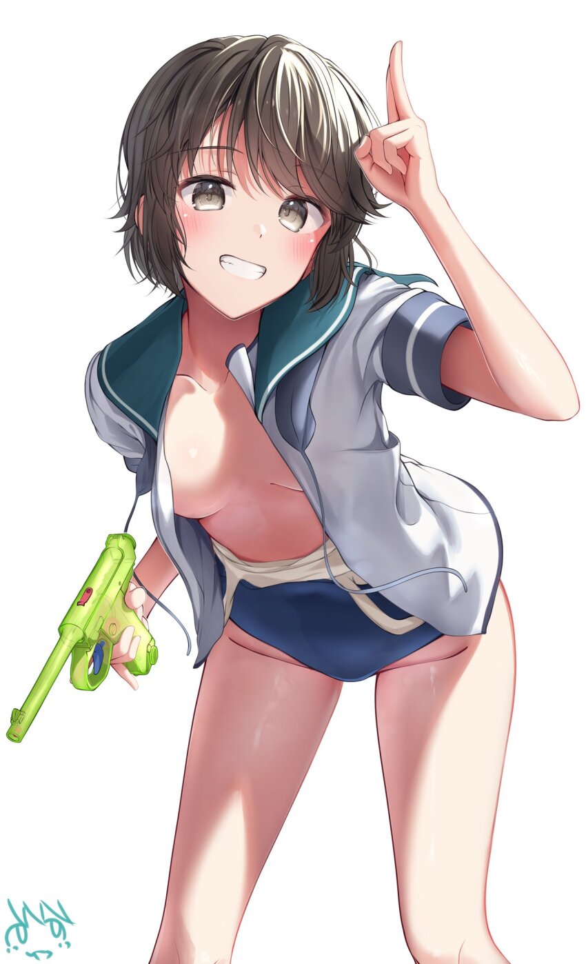 1girl black_hair blue_sailor_collar breasts brown_eyes clothes_pull collarbone grin gun handgun highres holding holding_water_gun iwabuchi501 kantai_collection large_breasts looking_at_viewer miyuki_(kancolle) nambu_type_14 one-piece_swimsuit_pull open_clothes open_shirt sailor_collar sailor_shirt school_swimsuit shirt short_hair signature simple_background smile solo swimsuit swimsuit_under_clothes teeth water_gun weapon white_background white_shirt