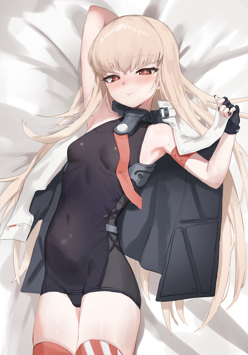 1girl absurdres arm_behind_head arm_up armband armpits bare_shoulders bed_sheet black_gloves black_leotard black_nails blonde_hair breasts bright_pupils closed_mouth covered_navel cowboy_shot fingerless_gloves girls&#039;_frontline gloves hand_up highres jacket jacket_on_shoulders krabking leotard long_hair looking_at_viewer lying multicolored_jacket nail_polish on_back red_eyes red_thighhighs small_breasts solo thighhighs thighs two-tone_jacket type_80_(girls&#039;_frontline) very_long_hair