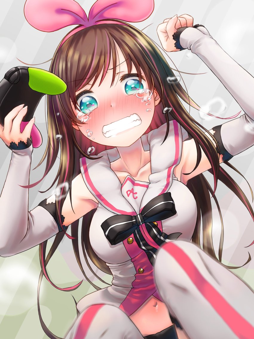 1girl absurdres blush bow breasts clenched_hand clenched_teeth controller crying frown game_controller green_eyes hair_bow hairband highres kizuna_ai kizuna_ai_inc. kuromaru9 looking_at_viewer multicolored_hair navel tears teeth virtual_youtuber