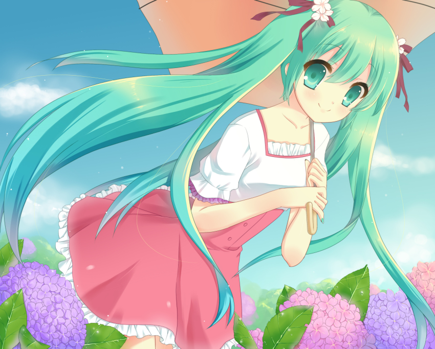 1girl bad_id bad_pixiv_id day dress female_focus flower green_eyes green_hair hair_flower hair_ornament hair_ribbon hatsune_miku highres hydrangea long_hair matching_hair/eyes melt_(vocaloid) p0ckylo ribbon sky smile solo twintails umbrella very_long_hair vocaloid