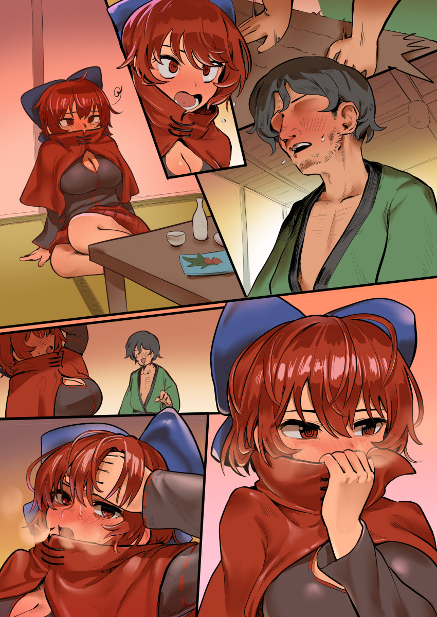 1boy 1girl absurdres black_hair black_shirt blue_bow blush bow breasts breath choko_(cup) cleavage cloak comic commission cup desk_slam drunk faceless faceless_male green_kimono hair_between_eyes hair_bow hakonnbo highres japanese_clothes kimono large_breasts long_sleeves nose_blush open_mouth red_cloak red_eyes red_hair ringed_eyes sekibanki shirt short_hair skeb_commission textless_version tokkuri touhou upper_body