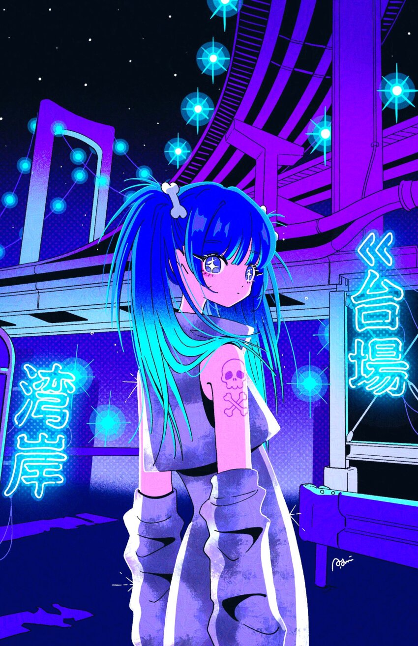 1girl arm_tattoo arm_warmers blue_eyes blue_hair bone_hair_ornament bridge closed_mouth crop_top dot_mouth grey_shirt grey_skirt hair_between_eyes hair_ornament high-waist_skirt highres highway long_hair looking_back multicolored_hair nakazawa_ayami neon_lights neon_palette night night_sky original shirt skirt skull_and_crossbones_tattoo sky sleeveless sleeveless_shirt sparkling_eyes tattoo