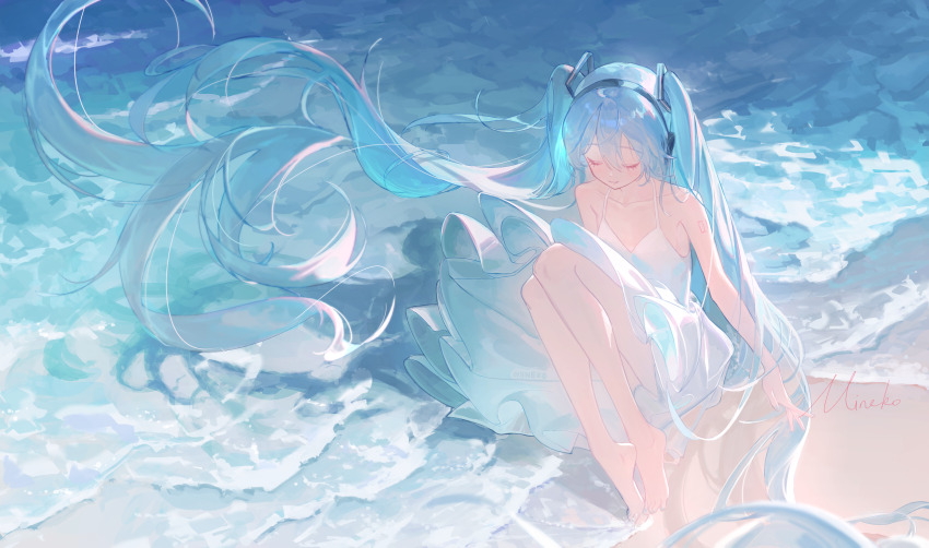 1girl arm_tattoo bare_legs bare_shoulders barefoot beach blue_hair blue_nails blurry blurry_foreground closed_eyes closed_mouth collarbone commentary day dress floating_clothes floating_hair hair_between_eyes hatsune_miku headphones highres knee_up legs long_hair number_tattoo ocean outdoors sidelocks signature sitting smile spaghetti_strap tattoo toes twintails very_long_hair vocaloid waves white_dress wind wusubamineko