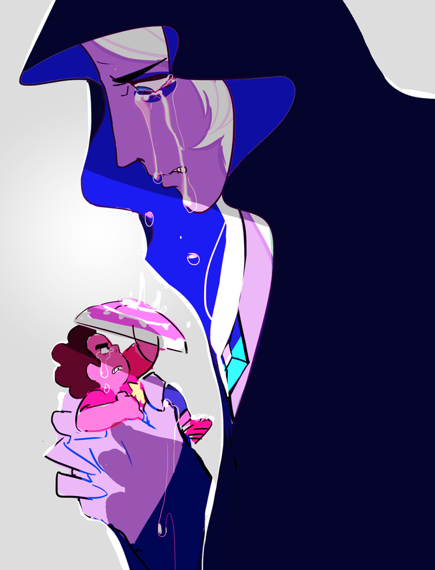 1boy 1girl black_hair blue_diamond_(steven_universe) blue_eyes brown_hair chest_jewel crying gem giant giantess highres holding hood long_hair pepepegle profile shirt silver_hair steven_quartz_universe steven_universe tears upper_body