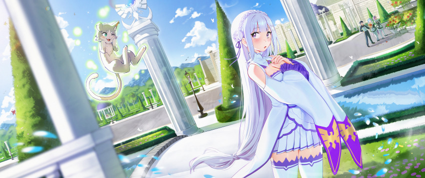 1boy 3girls absurdres black_hair blue_hair braid breasts bush cat clothing_cutout commentary crown_braid day elf emilia_(re:zero) english_commentary grey_cat grey_hair hair_ribbon highres large_breasts long_hair low-tied_long_hair mansion multiple_girls natsuki_subaru outdoors pink_hair pointy_ears puck_(re:zero) purple_eyes purple_ribbon ram_(re:zero) re:zero_kara_hajimeru_isekai_seikatsu rem_(re:zero) ribbon roswaal_mansion_maid_uniform shoulder_cutout skirt thighhighs very_long_hair waligner water white_skirt white_thighhighs wide_sleeves