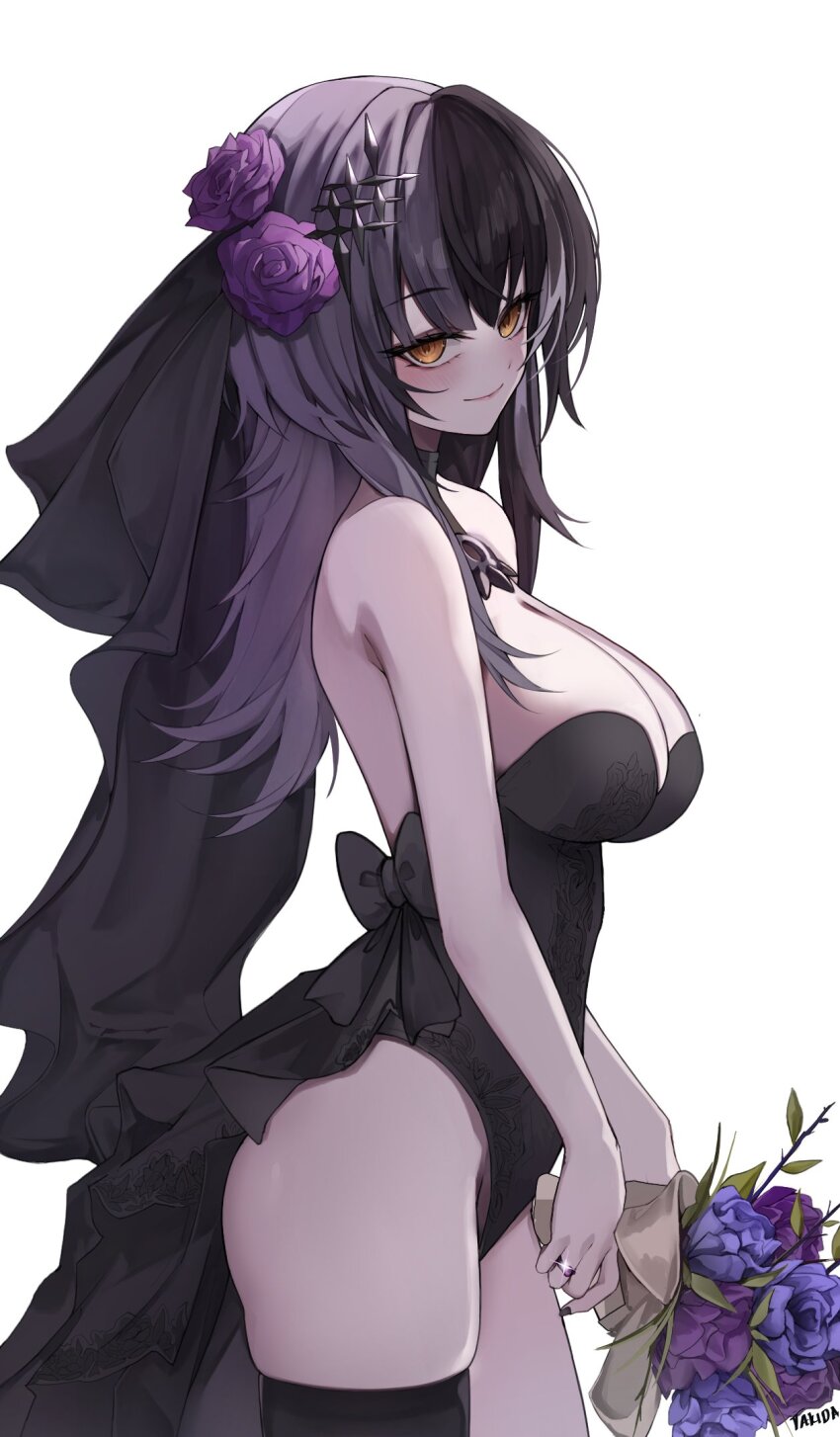 1girl bare_shoulders black_choker black_dress black_hair black_nails black_thighhighs blush bouquet breasts bridal_veil bride choker cleavage dress flower grey_hair hair_ornament highres holding holding_bouquet hololive hololive_english lace lace_choker large_breasts long_hair looking_at_viewer multicolored_hair rose shiori_novella simple_background single_thighhigh smile solo split-color_hair strapless takida_185 thighhighs two-tone_hair veil virtual_youtuber wedding wedding_dress yellow_eyes