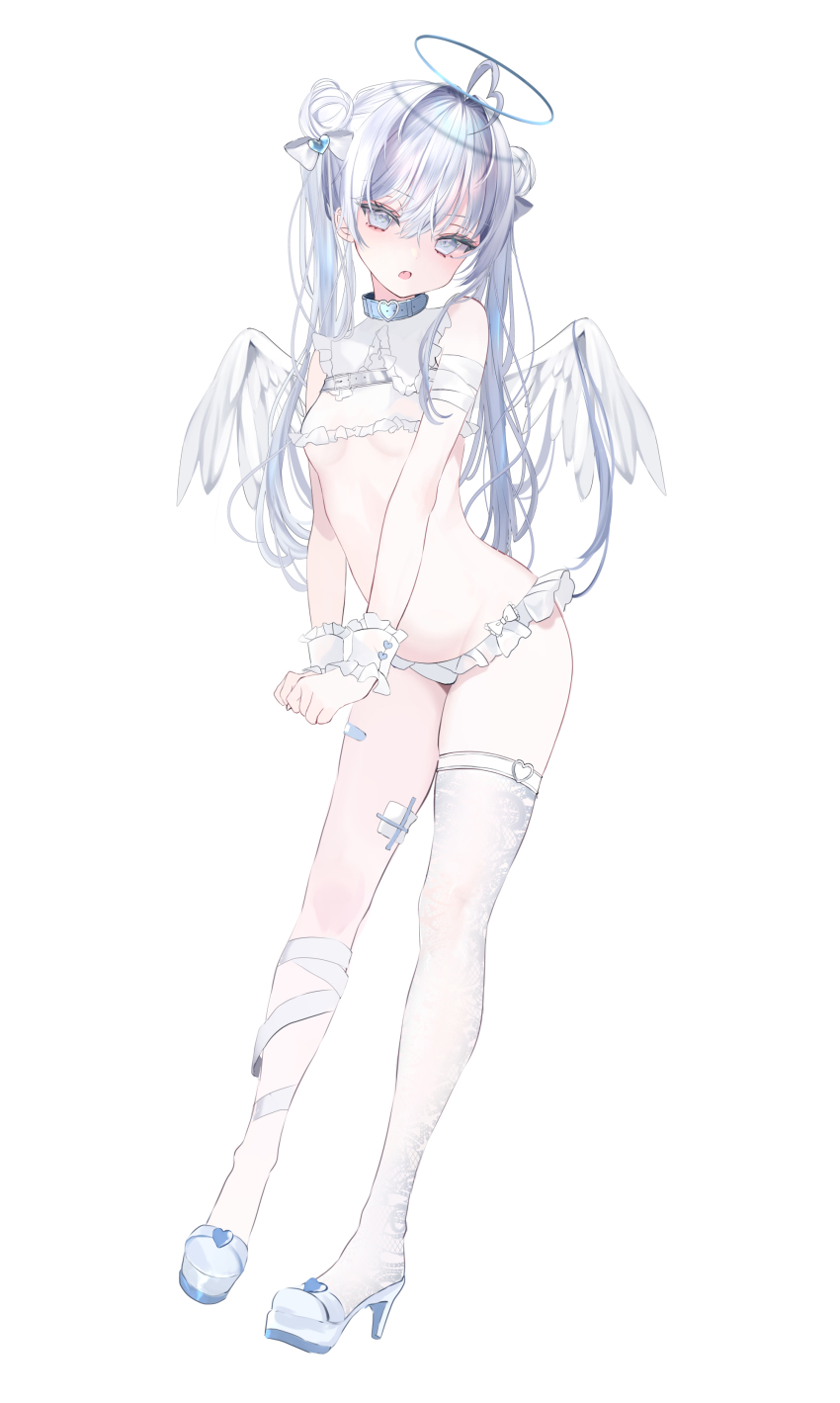 1girl absurdres ahoge angel_wings bandaged_arm bandaged_leg bandages bandaid_on_thigh belt_collar blue_collar blue_halo bow breasts collar double_bun feathered_wings full_body gauze gauze_on_leg grey_bow grey_eyes grey_footwear grey_hair grey_thighhighs hair_between_eyes hair_bow hair_bun hair_intakes halo heart heart_ahoge high_heels highres leaning_forward long_hair looking_at_viewer moemoepiano open_mouth original print_thighhighs revealing_clothes single_thighhigh small_breasts solo standing thighhighs twintails very_long_hair white_background white_wings wings wrist_cuffs