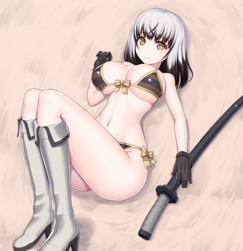 10s 1girl asamura_hiori black_gloves black_hair boots breasts female_focus gloves high_heel_boots high_heels highres katana large_breasts long_hair navel satsuki_yomi solo swimsuit sword tagme toji_no_miko weapon white_hair yellow_eyes