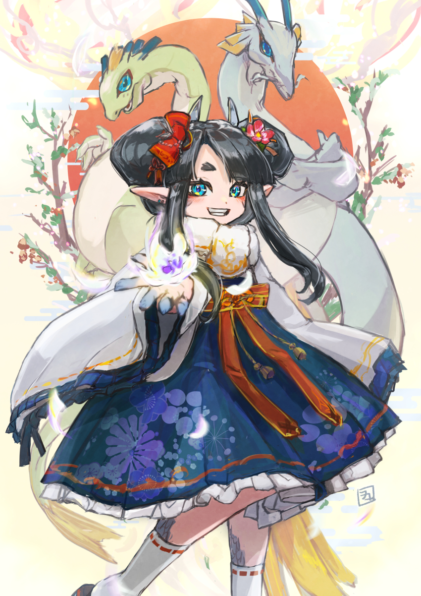 1girl absurdres black_hair blue_eyes bow double_bun dragon hair_bun highres kanchuumimai looking_at_viewer nengajou new_year okamoto_setsura original outstretched_hand pointy_ears red_bow socks standing thick_eyebrows twintails white_socks wide_sleeves