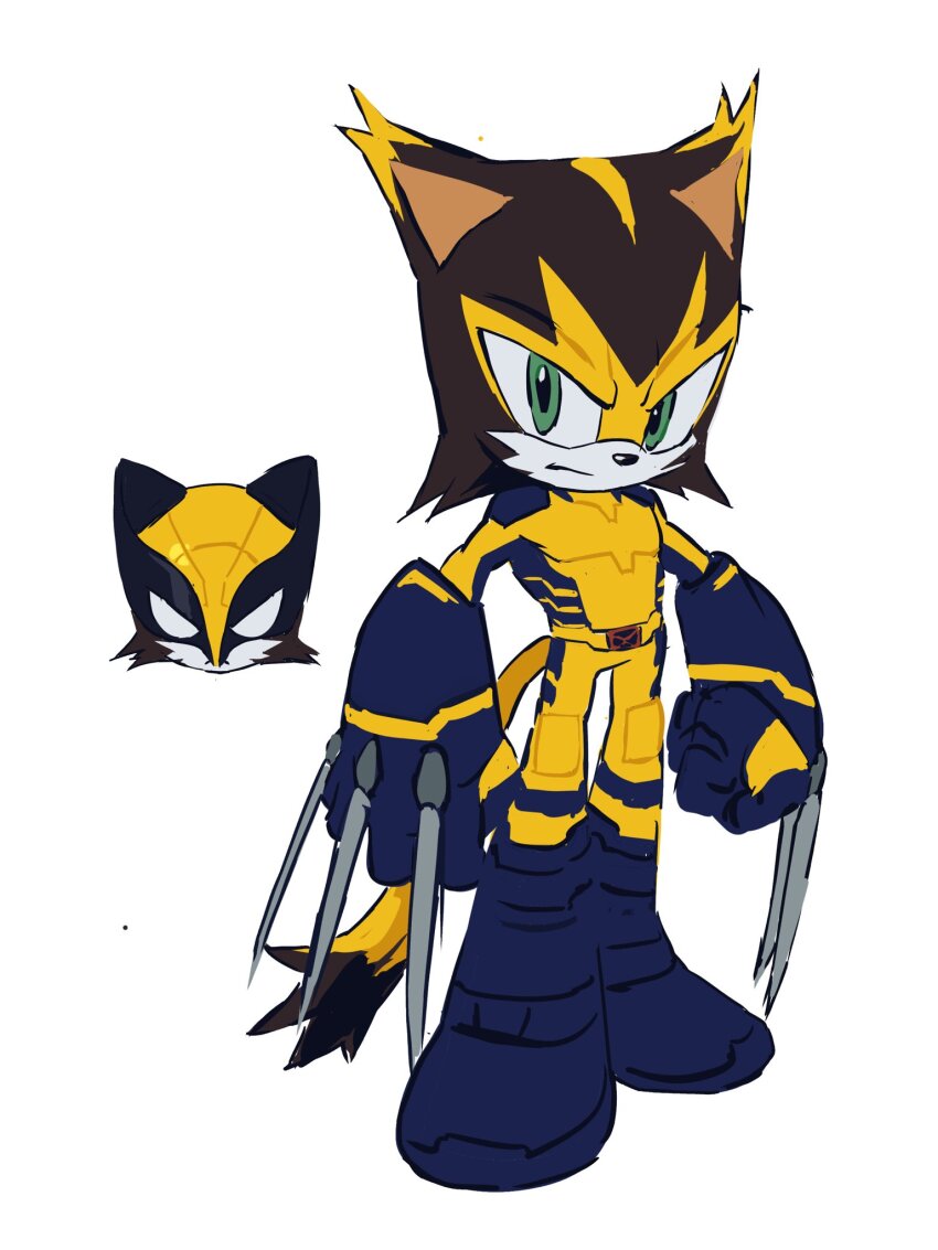 1boy animal_ears blue_bodysuit bodysuit boots claws cosplay full_body furry furry_male green_eyes highres marvel simple_background solo sonic_(series) superhero_costume tail tokiwa757 two-tone_bodysuit white_background wolverine_(x-men) wolverine_(x-men)_(cosplay) x-men yellow_bodysuit