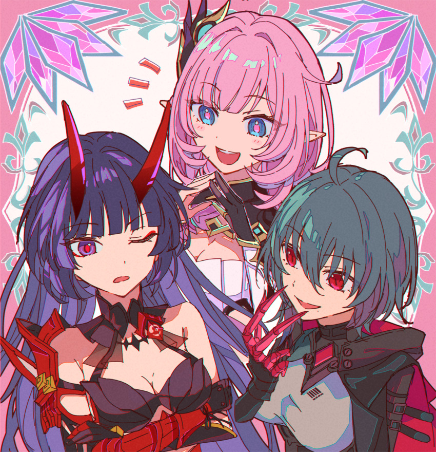 3girls :d ahoge bare_shoulders black_dress black_gloves black_jacket blue_eyes breasts cleavage commentary_request crossed_arms dress elf elysia_(honkai_impact) elysia_(miss_pink_elf)_(honkai_impact) gloves hair_between_eyes highres honkai_(series) honkai_impact_3rd horns jacket medium_breasts multiple_girls notice_lines one_eye_closed open_mouth papipiko pink_hair pointy_ears purple_eyes purple_hair raiden_mei raiden_mei_(herrscher_of_thunder) raven_(honkai_impact) red_eyes single_glove smile steepled_fingers white_dress