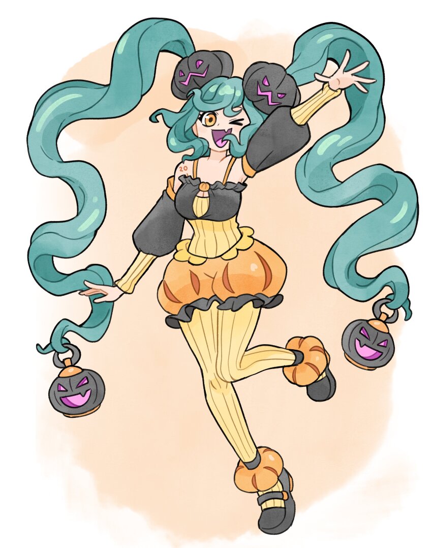 1girl absurdres black_footwear doodlelotl dress elbow_sleeve grey_hair hair_ornament halloween hatsune_miku highres jack-o&#039;-lantern jack-o&#039;-lantern_hair_ornament long_sleeves looking_at_viewer mary_janes one_eye_closed open_mouth pantyhose puffy_shorts pumpkin shoes shorts sleeveless sleeveless_dress smile solo spaghetti_strap twintails vocaloid yellow_eyes yellow_pantyhose