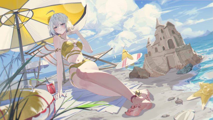 1girl absurdres barefoot beach bikini blue_eyes blush feet highres innertube looking_at_viewer medium_hair parasol pugongying sand_castle sand_sculpture smile soles swim_ring swimsuit toes umbrella white_hair